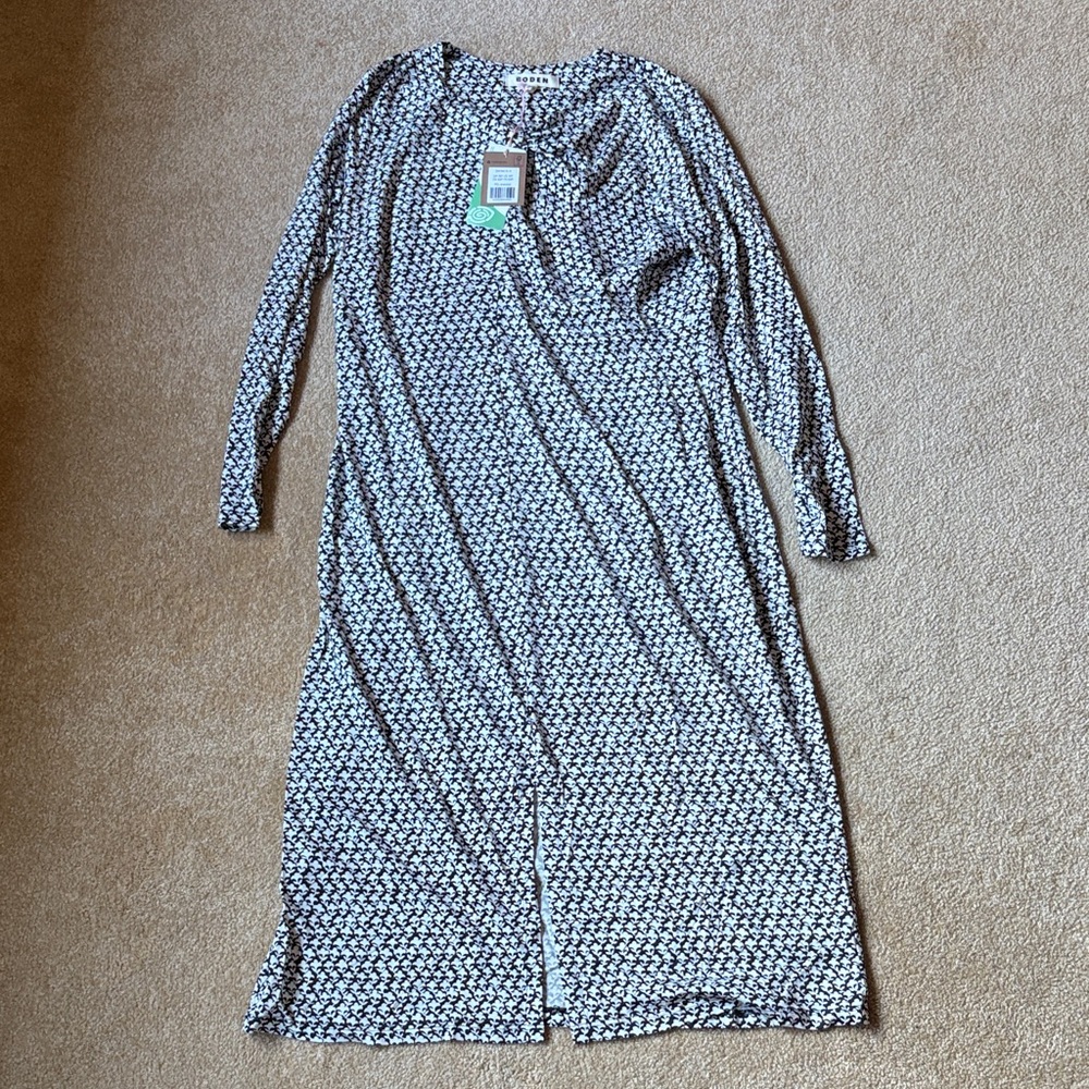 Boden Black and White Leaf Pattern Dress 12P nwt long sleeve lily empire knot